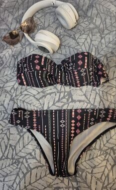 Black Tribal Print Bikini Set with Pink Accents